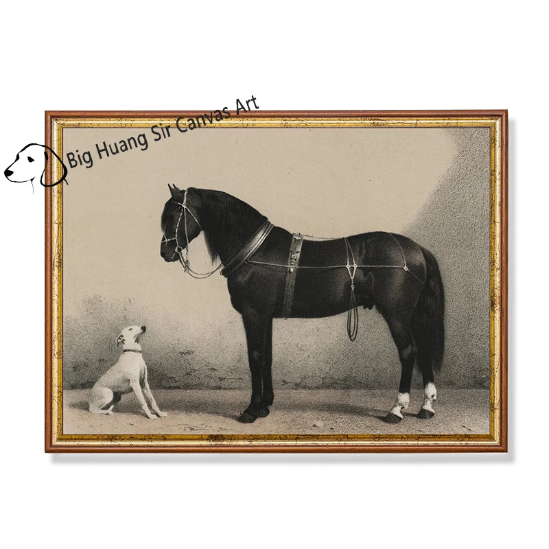 

Винтажная картина с лошадьми, лошади с собаками, антикварный декор, антикварный конный принт, декор для фермерского дома, принты на холсте для охотничьих собак