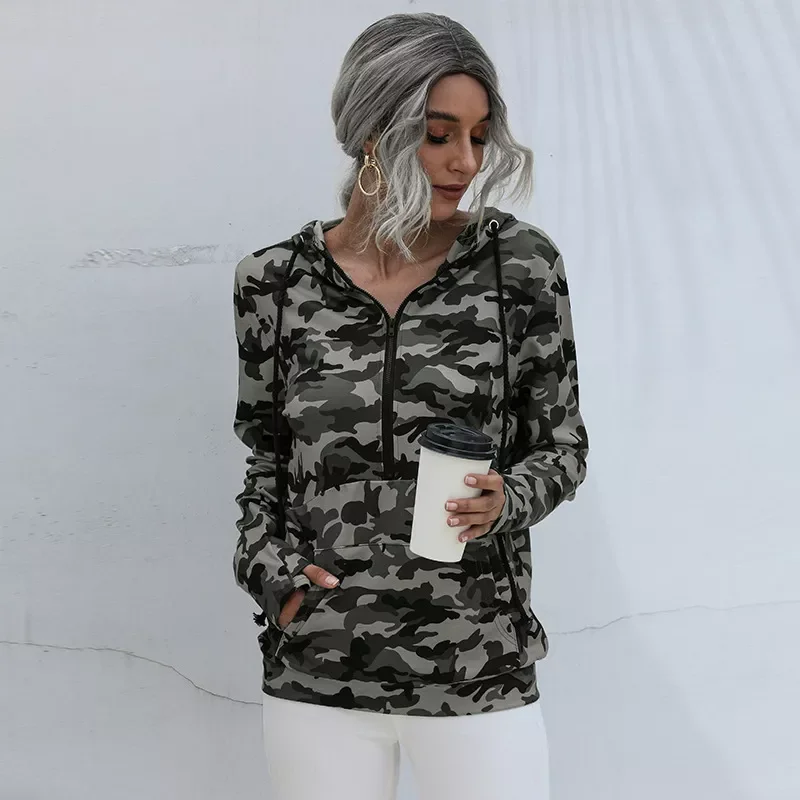 

Vintage Camouflage Print Hooded Sweatshirts Women Casual Fashion Streetwear Cropped Zip Up Hoodie 122348WSA