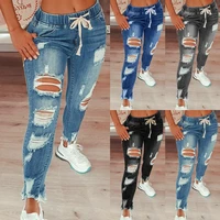 2022 new washed drawstring pierced jeans casual pants street trendy jeans women
