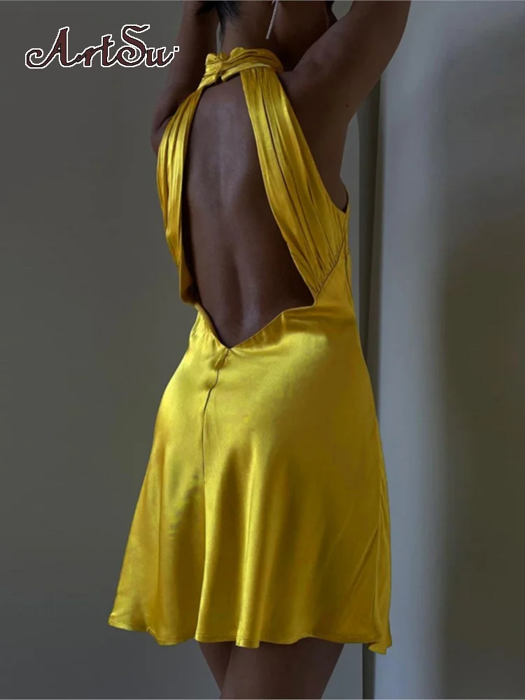 

ArtsuHalter Sexy Backless Satin Mini Dress for Women Elegant Outfit Sleeveless Party Night Club Dresses Vestido Clothes