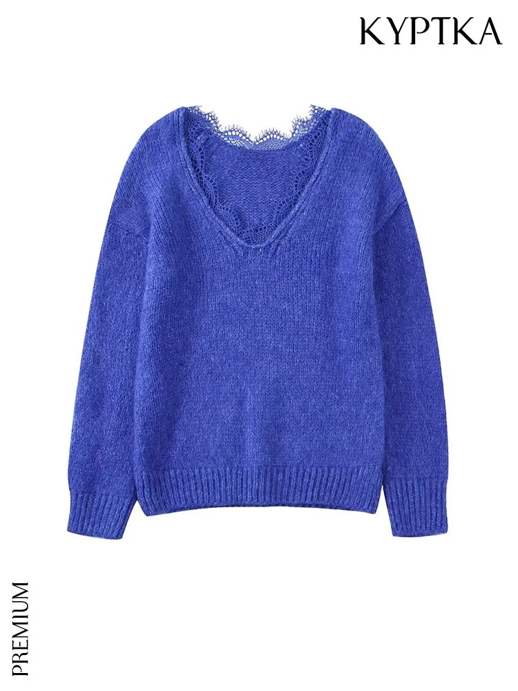 

KYPTKA Women Fashion With Lace Loose Knit Sweater Vintage V Neck Long Sleeve Female Pullovers Chic Tops