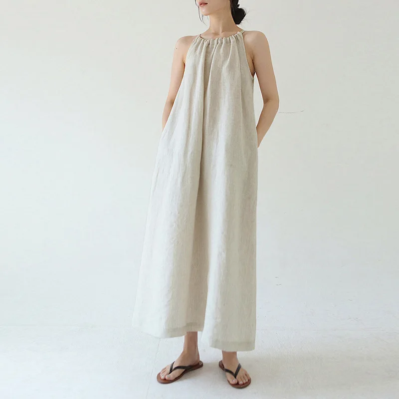 Sean Tsing® 100% Linen Maxi Dresses Women Sleeveless Halter Bandage Camisole Dresses with Pockets Streetwear Vintage Vestidos