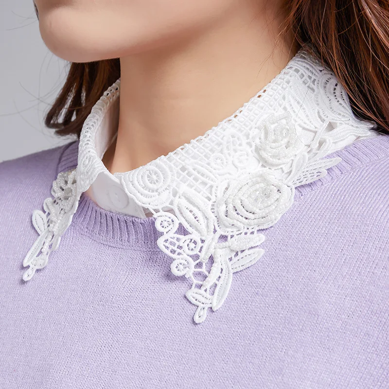 

Linbaiway Women Chiffon White Lace Detachable Collars Female Floral Hollow False Collar Shirt Fake Collar Remoable Faux Col Tie