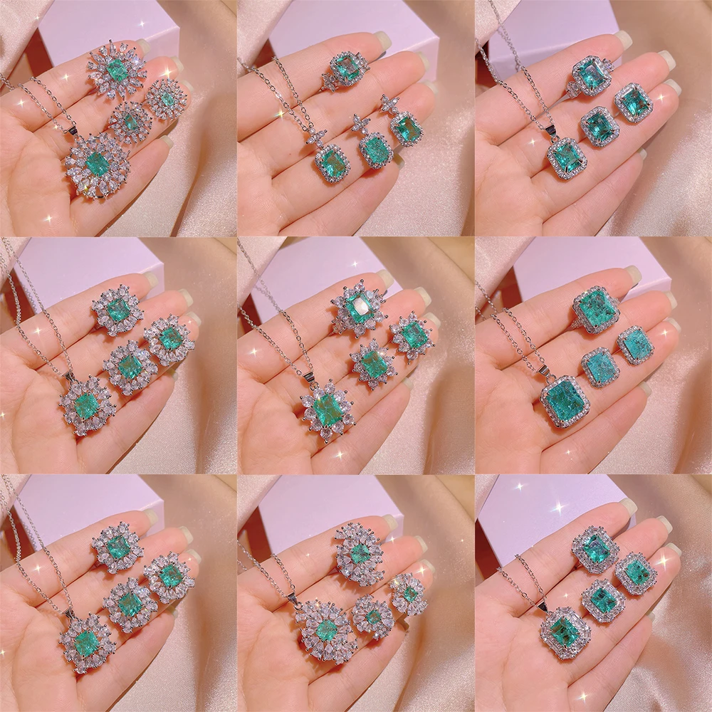 New Jewelry Three Piece Set For Women Luxury AAA Green Zircon Geometric Shape Ring Necklace Earrings Party |