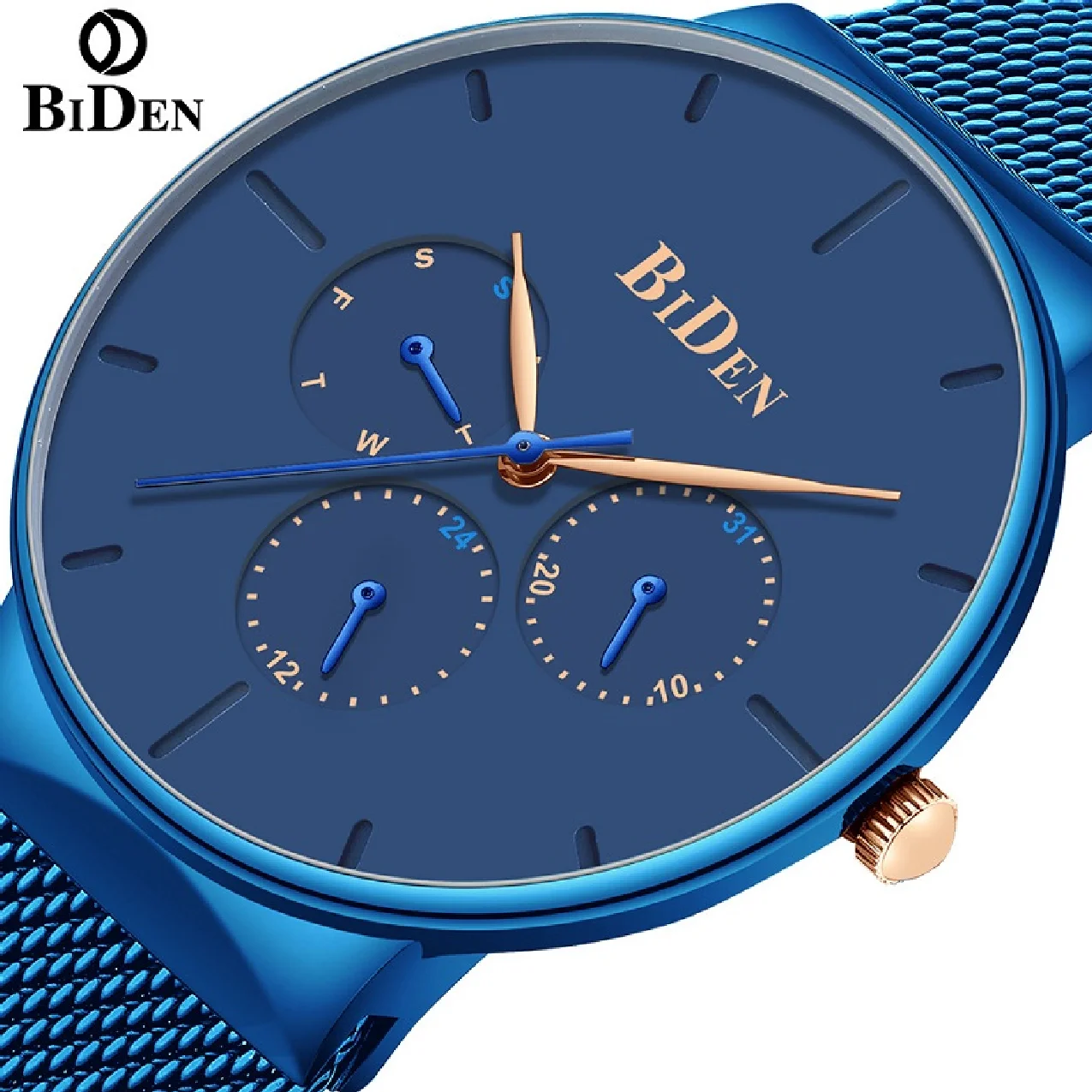 

BIDEN Original Fashion Mens Watches Top Brand Luxury Quartz Casual Chronograph Business Mesh Steel Date Wristwatches Male Clock
