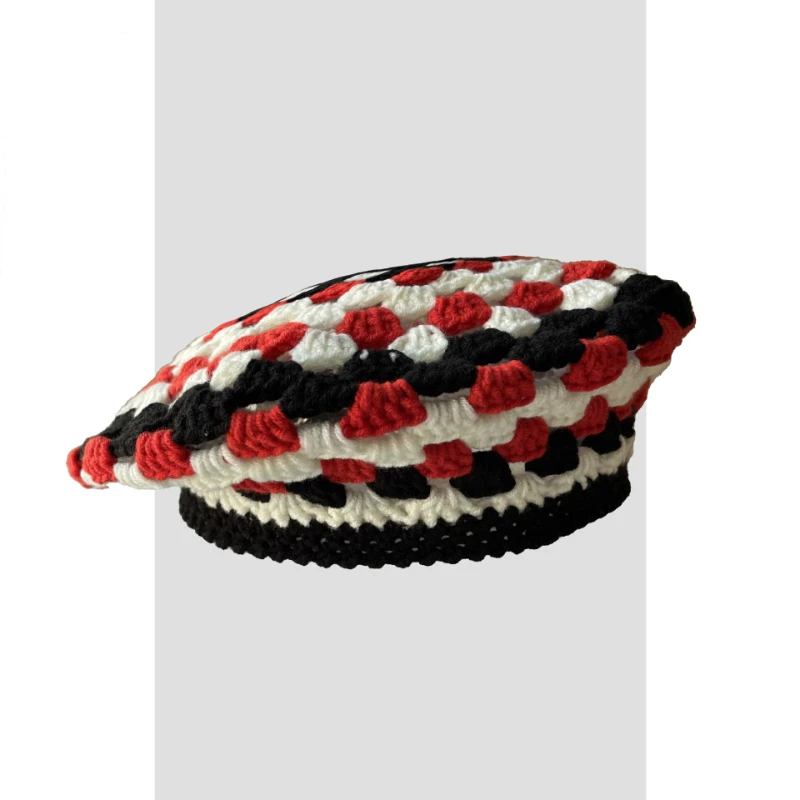 

2022 Autumn New Color-blocking Crocheted Knitted Hollow Beret Cap Female Korean Retro Fashion No Eaves Painter Hats Boinas