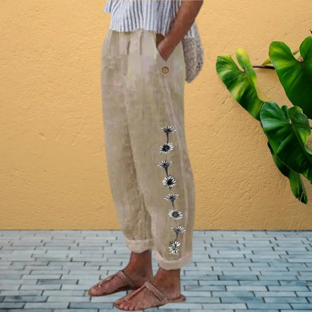 

Harem Pants Floral Print Pockets Summer Flower Pattern Mid-Rise Pants Streetwear