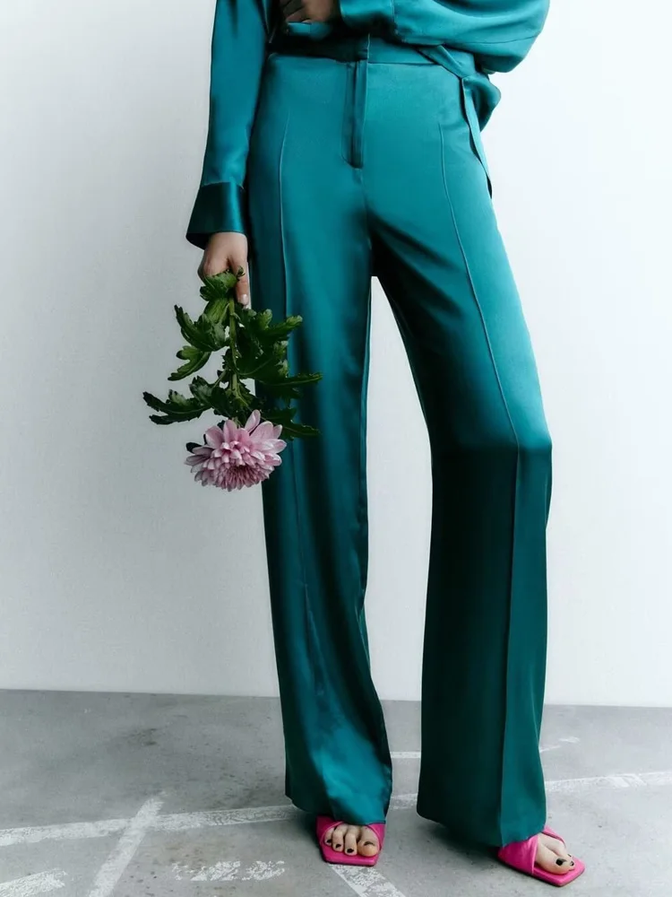 

Kumsvag 2022 Summer Women Satin Wide Leg Pants Fashion Solid High waist Loose Female Elegant Street Thin Pant Trousers Clothing