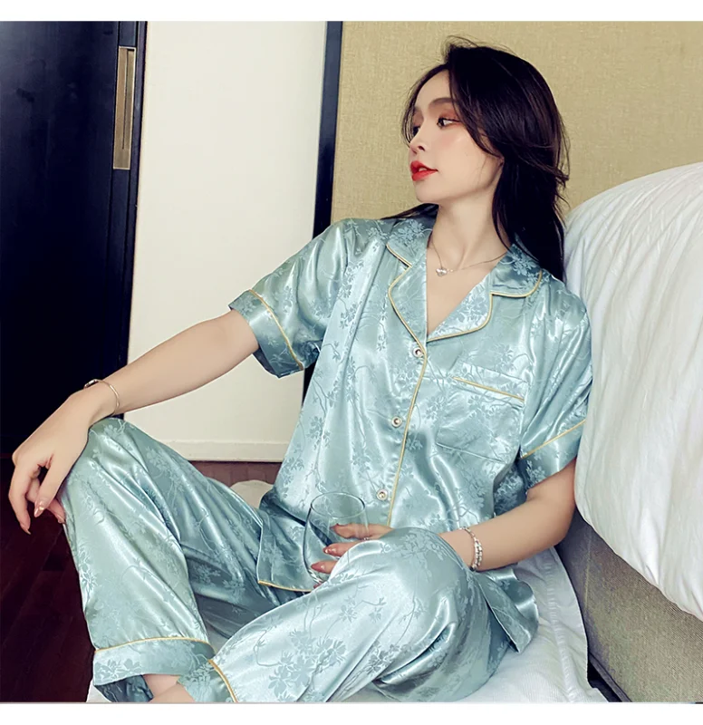 

Oversize M-6XL Womens Short Sleeve Trousers Pyjamas Silk Satin Pajamas Sets Sleepwear Nightgown Suit Sleepshirts Lounge Sets