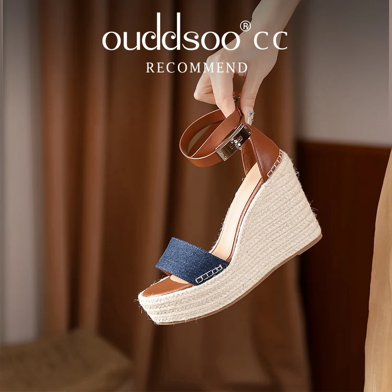 

ODS Summer New Luxury Women's Sandals Fashion and Comfortable Leather Straw Thick Bottom Super High Heel Wedge Heel Buckle 41424
