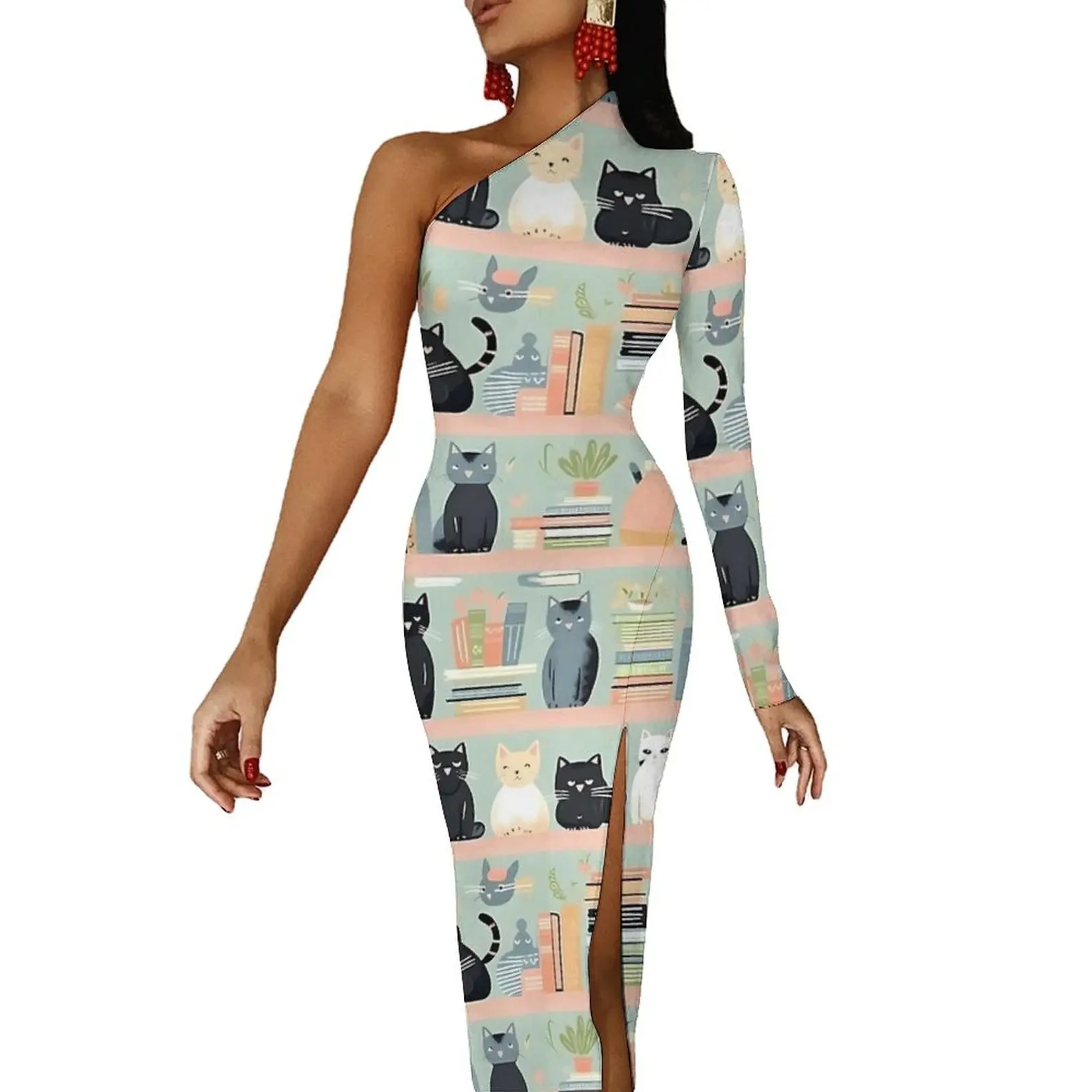 Милое платье макси с котами в библиотеке длинным рукавом кошки книги