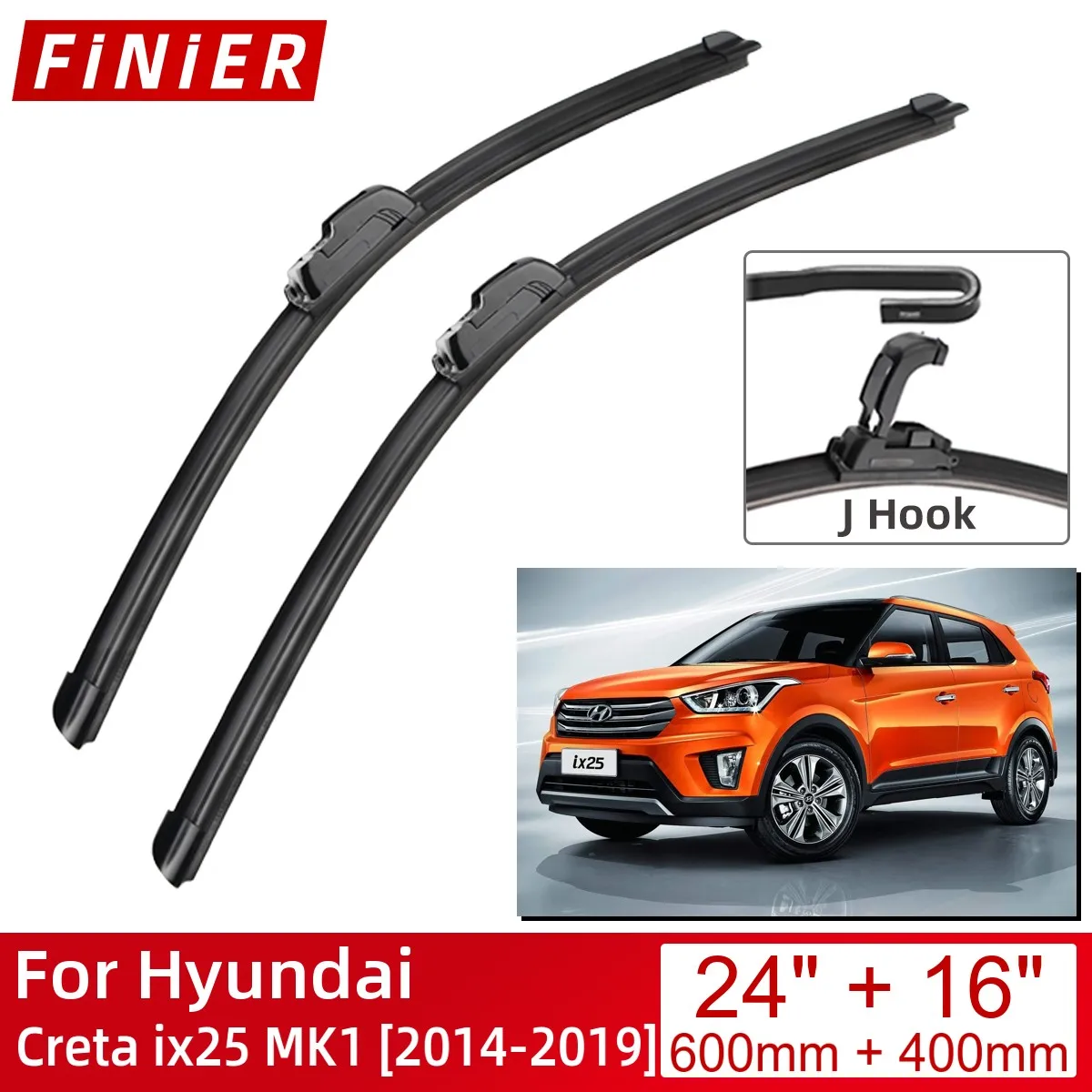 

For Hyundai Creta ix25 MK1 2014-2019 24"+16" Car Accessories Front Windscreen Wiper Blade Brushes Wipers U Type J Hooks 2019