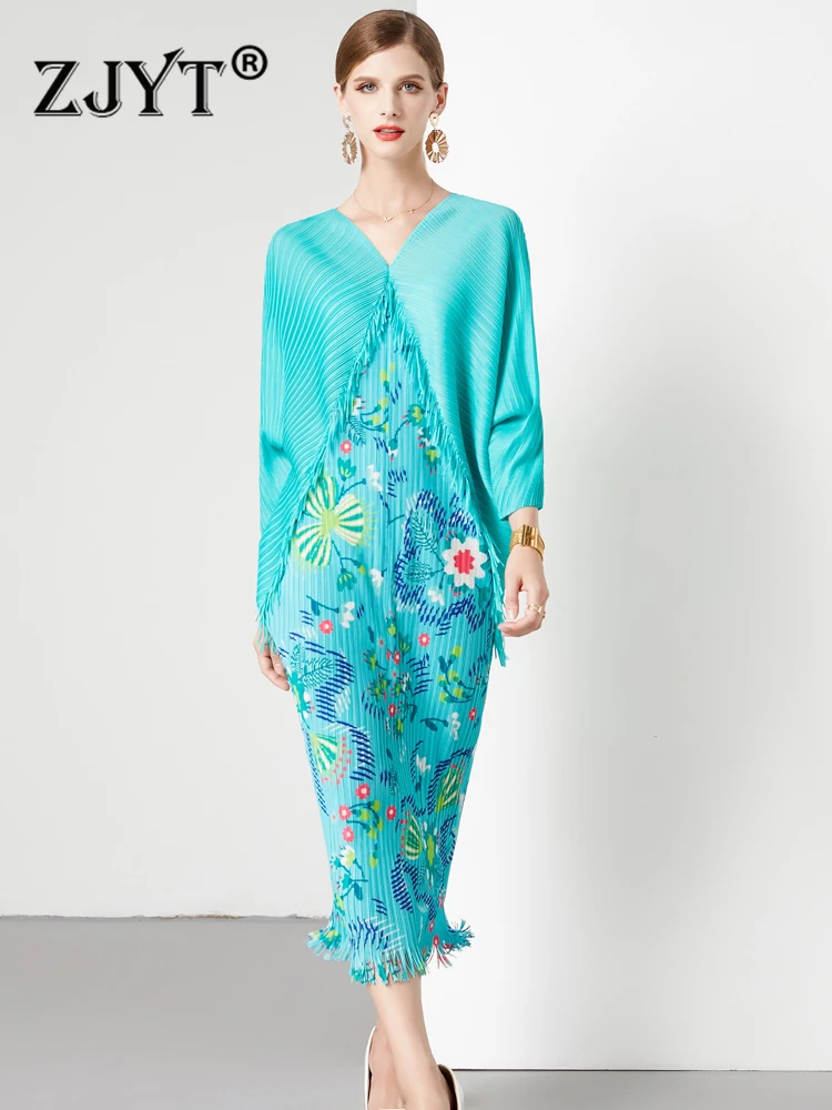 

ZJYT осенние Плиссированные Свободные миди-платья с принтом для женщин 2023 модные повседневные женские синие платья с рукавами «летучая мышь»
