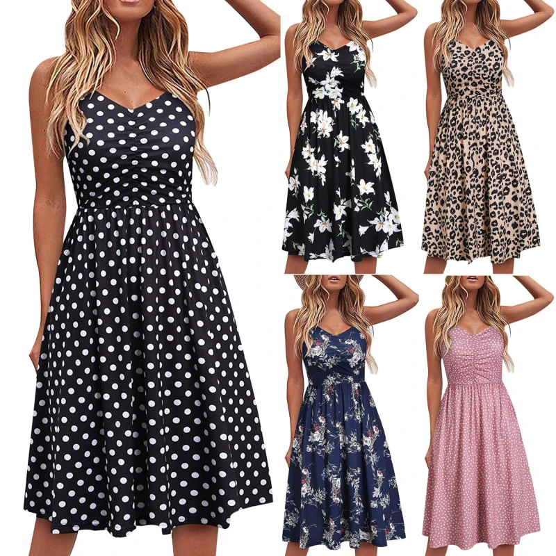 

Women Retro Floral Prints Elastic Waist Mini Dress Sexy Deep V Neck Sleeveless Sling Dress Summer Backless Lady Dresses Vestidos