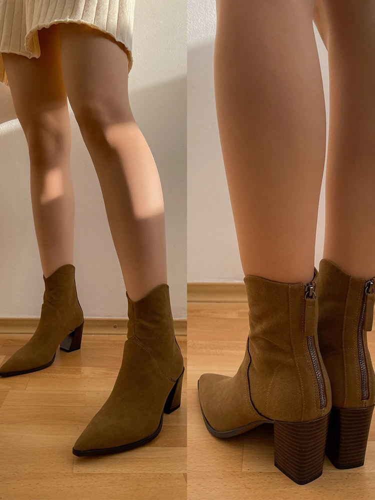 Women Ankle Boots Low-tube Brown Pointed Toe Suede Western Cowboy Style Fashion Punk Shoes Brown Color Women High Heels