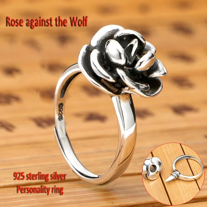 

Detachable Rotate Rose Flower Self Defense Ring with Thorn Knife Female Safety Antique Silver Color Adjustable Open Finger Rings