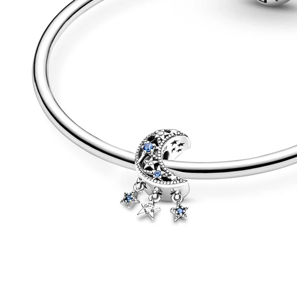 Pandora 925 Silver Galaxy Blue and Star Murano Charm, Star and Crescent Moon Charm for Women, Birthday Gift Bracelet, DIY Jewelry Executive