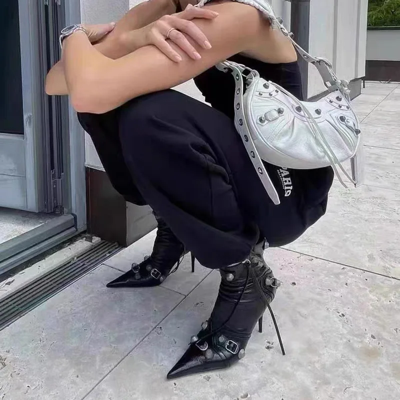 Черные Мотоциклетные Ботинки Женские До Середины Икры В Стиле Панк С Острым
