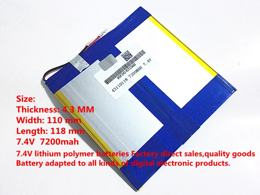 

7.4V,7200mAH,[43110118] PLIB ( polymer lithium ion battery ) Li-ion battery for tablet pc,mp4,cell phone,speaker,PIPO M3