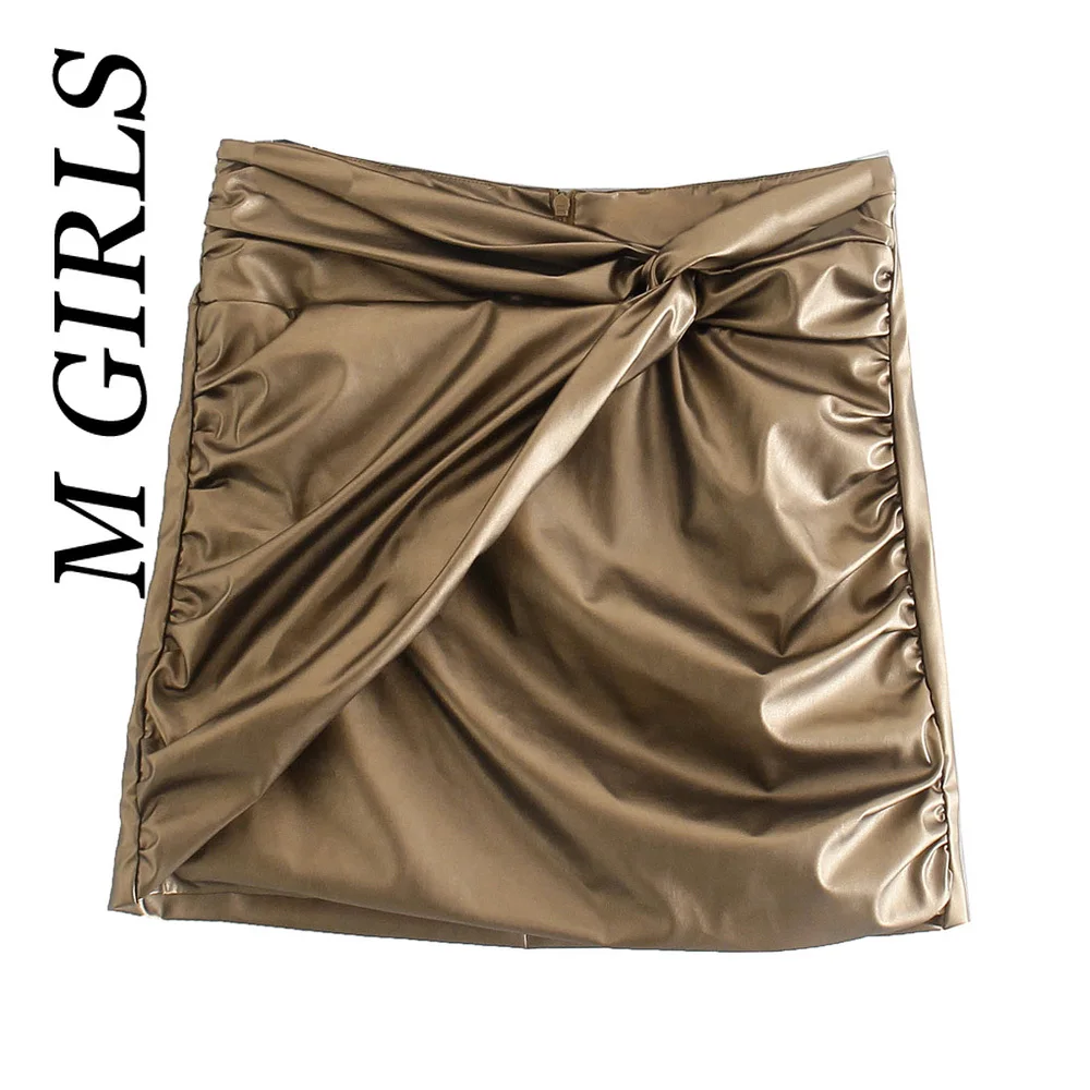 M GIRLS Women  Fashion With Knot Draped Faux Leather Mini Skirt Vintage High Waist Back Zipper Female Skirts Mujer