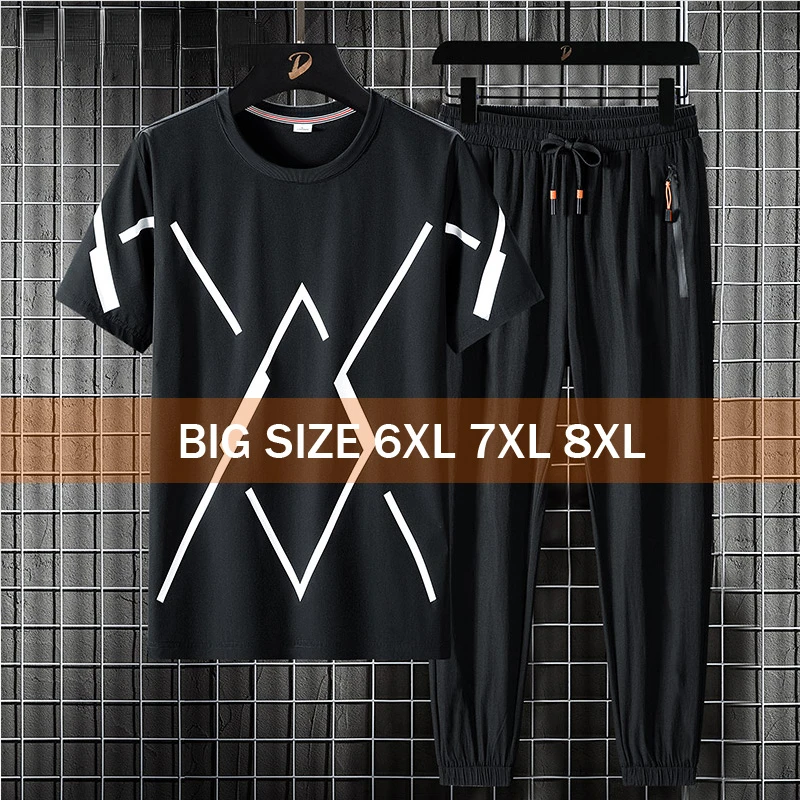 Men T Shirt 2 Piece Set  Pants Suit Oversize 6XL 7XL 8XL Plus Size Short Sleeve Black T-shirts Summer Fashion Loose Dropshipping