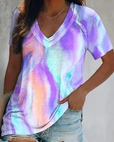 women tops 2022 summer casual tie dye print basics t shirt v neck short sleeve female clothing new fashion ladies daily outfits