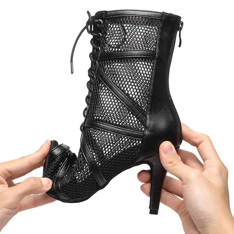 HROYL Latin Dance Boots for Women Salsa High Heels for Dancing Black Silver Red Ballroom Sandals for Ladies Soft Sole Tango Shoe