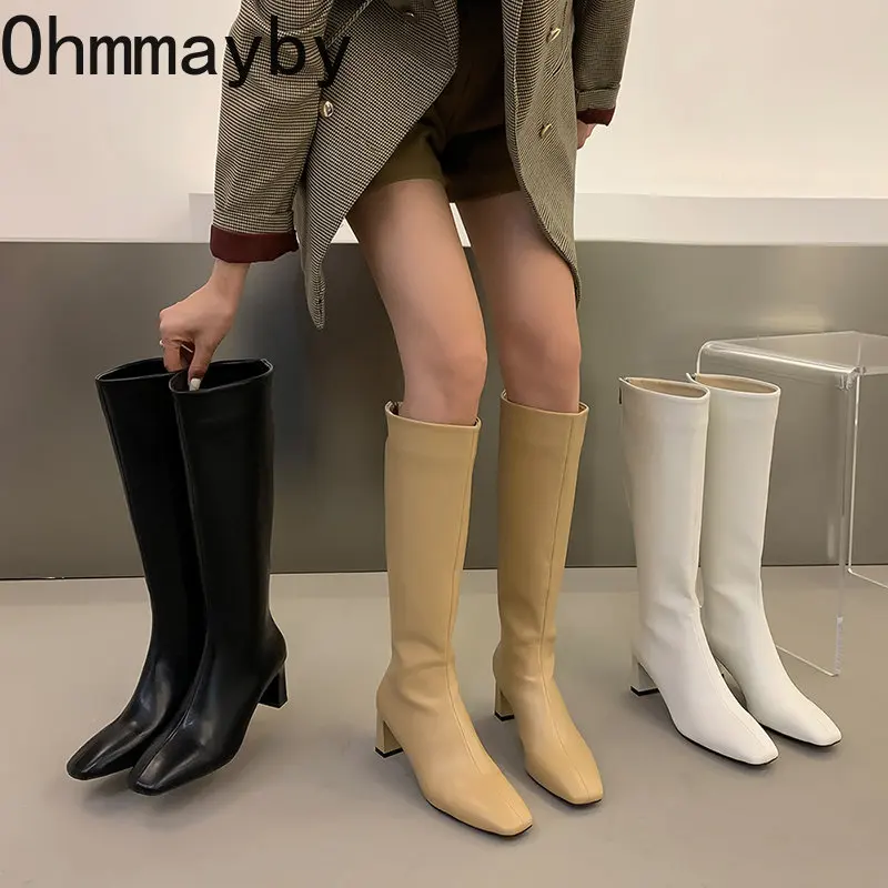 

Зимние женские высокие сапоги до бедра на каблуке, модные женские сапоги до колена на высоком устойчивом каблуке с молнией сзади, длинные са...