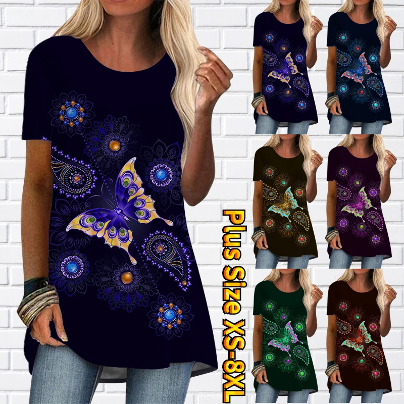 

2022 Comfortable Temperament Short Sleeve Women Loose Slim Size T Shirt Summer Round Neck Butterfly Printed Pullover Street Tee
