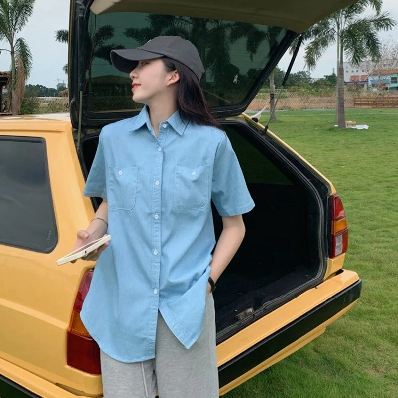 Женская джинсовая рубашка с коротким рукавом Свободный кардиган в стиле ретро |