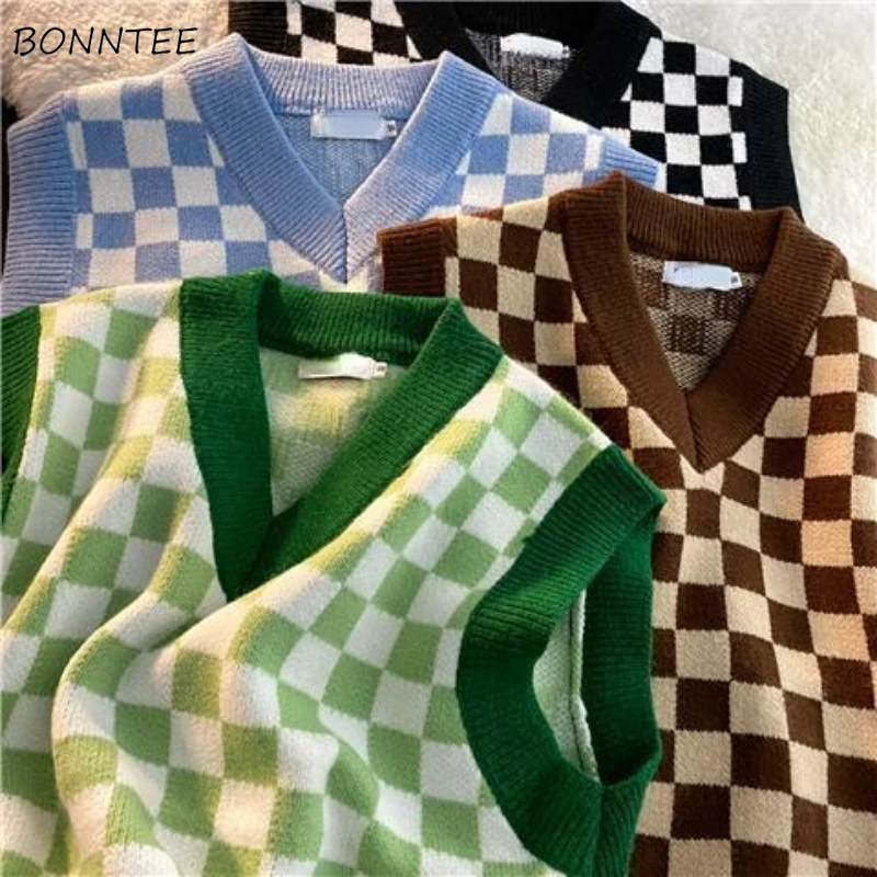 

Basic Sweater Vests Women Plaid Unisex Elegant S-3XL Panelled New Neutral Teens Vintage Preppy Style Ulzzang All-match V-neck