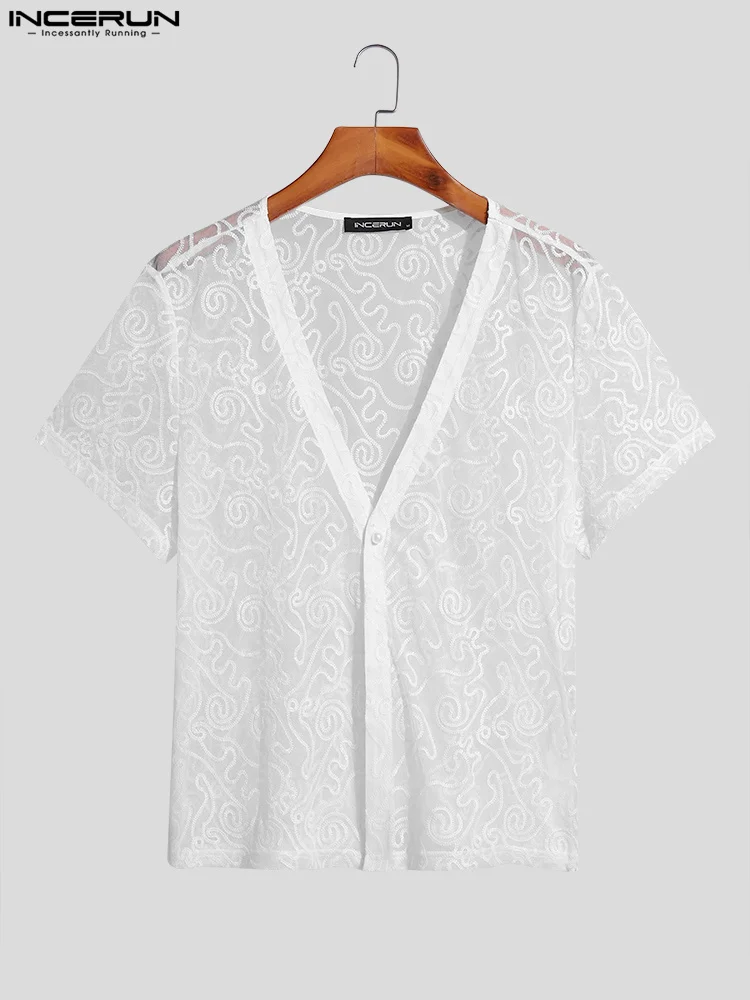 INCERUN Tops 2022 American Style Men's Fashion Lace See-through Blouse Casual Party Male Printing Short Sleeve Thin Shirts S-5XL