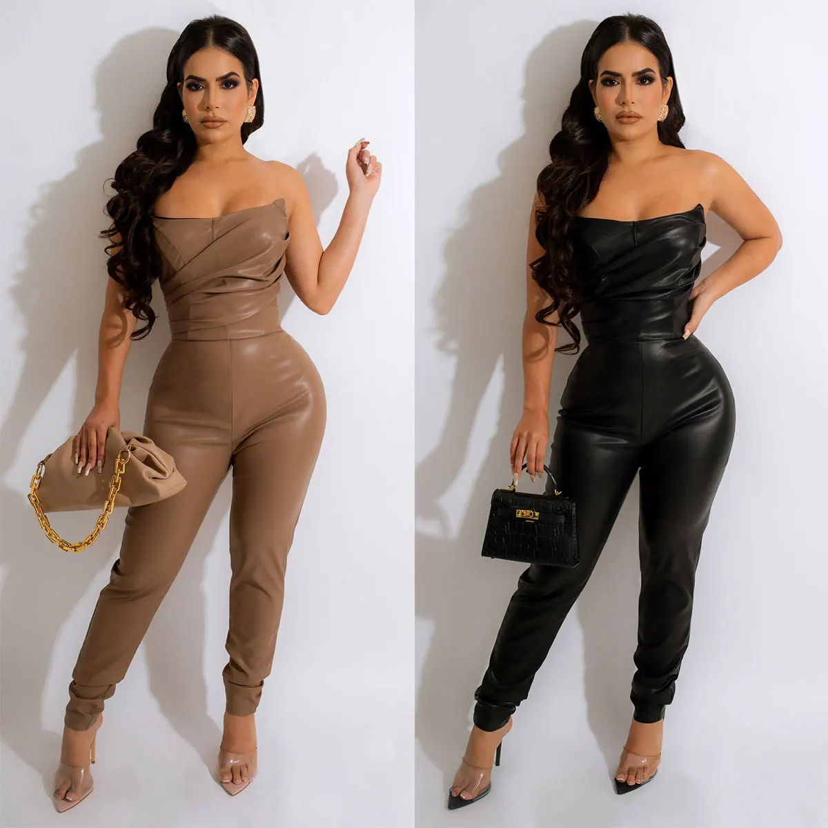 

Women Sexy Off the Shoulder Zipper Pants Fashion Skinny Club Party Romper One-pieces Streetwear Elegant PU Leather Jumpsuit