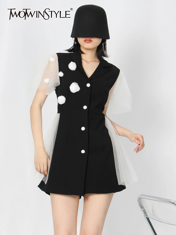 

TWOTWINSTYLE Vintage Mini Dress For Women Notched Collar Puff Sleeve High Waist Colorblock Dresses Female Summer Clothes Fashion