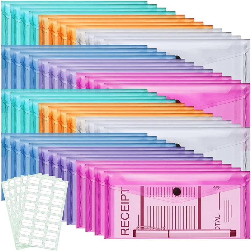 

48Pcs Plastic Envelopes With 120Pcs Label Stickers Plastic Pencil Pouch For A6 Size Files School Office Storage Supplies