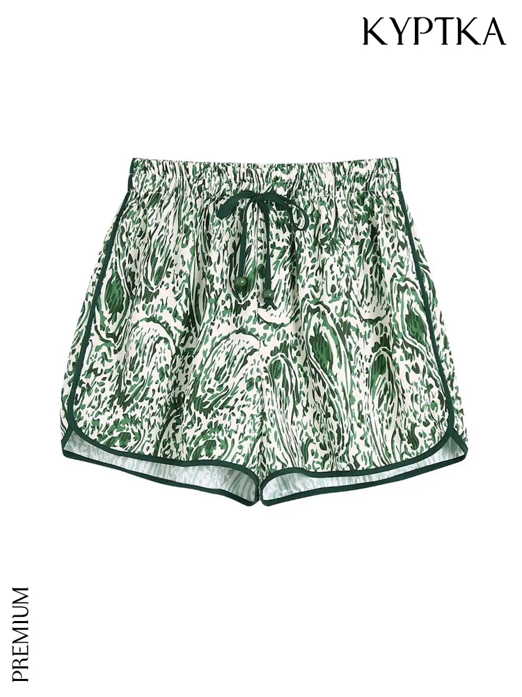 

KYPTKA Women Fashion Patchwork Trims Printed Shorts Vintage High Elastic Waist With Drawstrings Female Short Pants Mujer