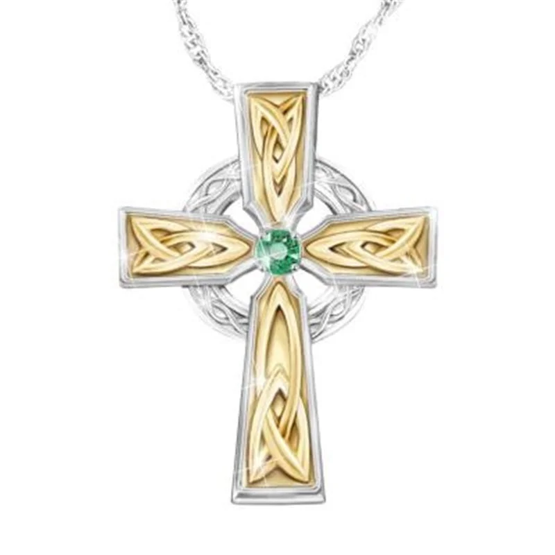 

New Fashion Women Green Diamond Pendant Necklace Classic Simple Female Two Color Cross Pendant Lady Jewelry Gift