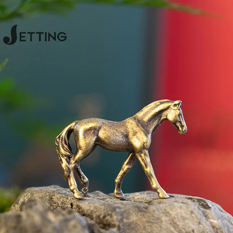 Античная латунь Твердый длинный хвост фигурки лошадей миниатюры фэн-шуй