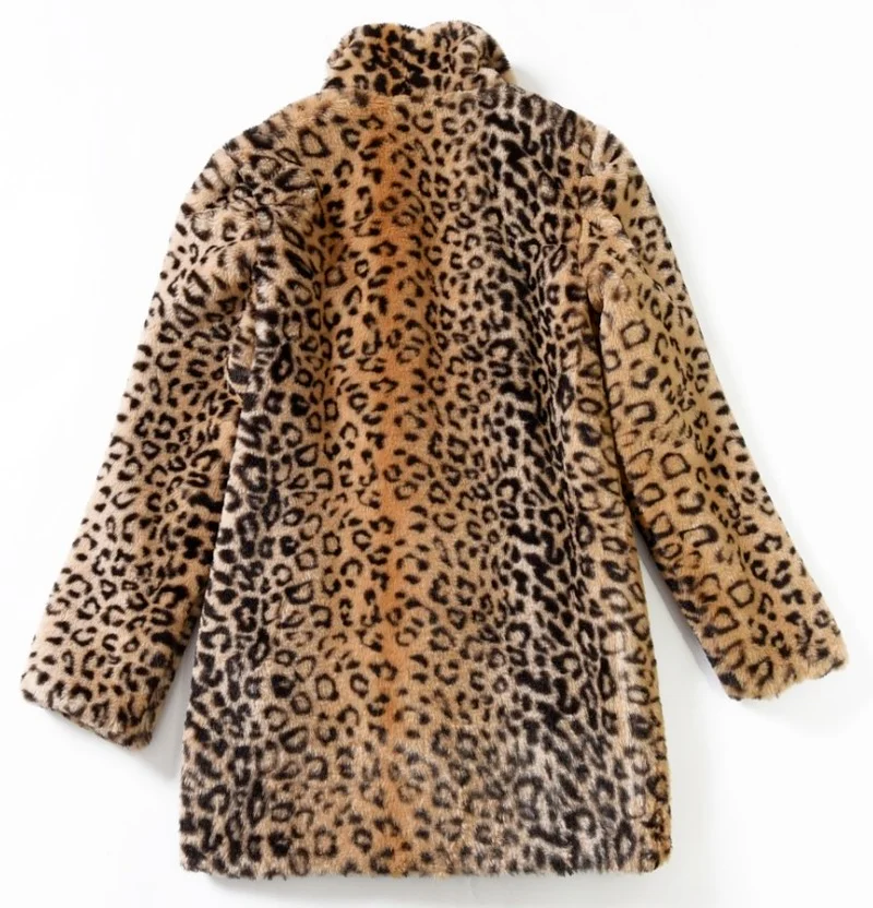 Leopard Faux Fur Coats Women Fashion Warm Lapel Mid-Length Outwears Autumn Winter Thick Casual Commute Big Pocket Chic Outcoats