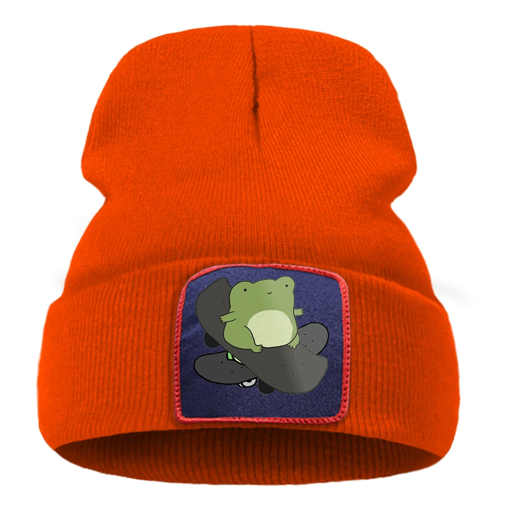 Cute Frog on Skateboard Cottagecore Printing Knitted Hat Cot