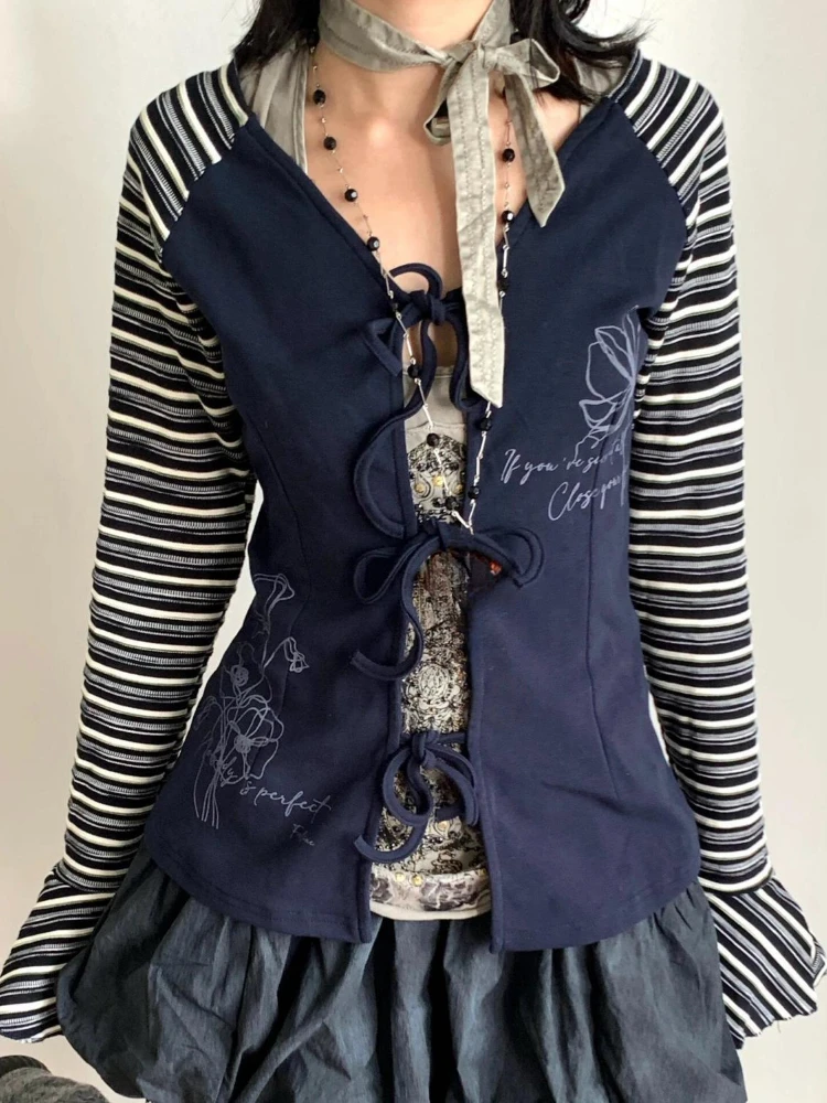 Y2k эстетические полосатые лоскутные куртки женские Harajuku гранж бандажные