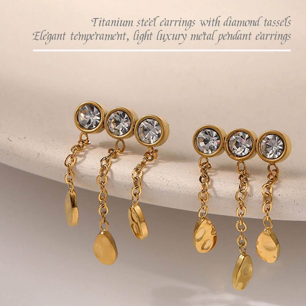 

Three Zircons Chain Tassel Stud Earring Elegant Stylish Dangler Jewelry Christmas Valentine's Day Gift