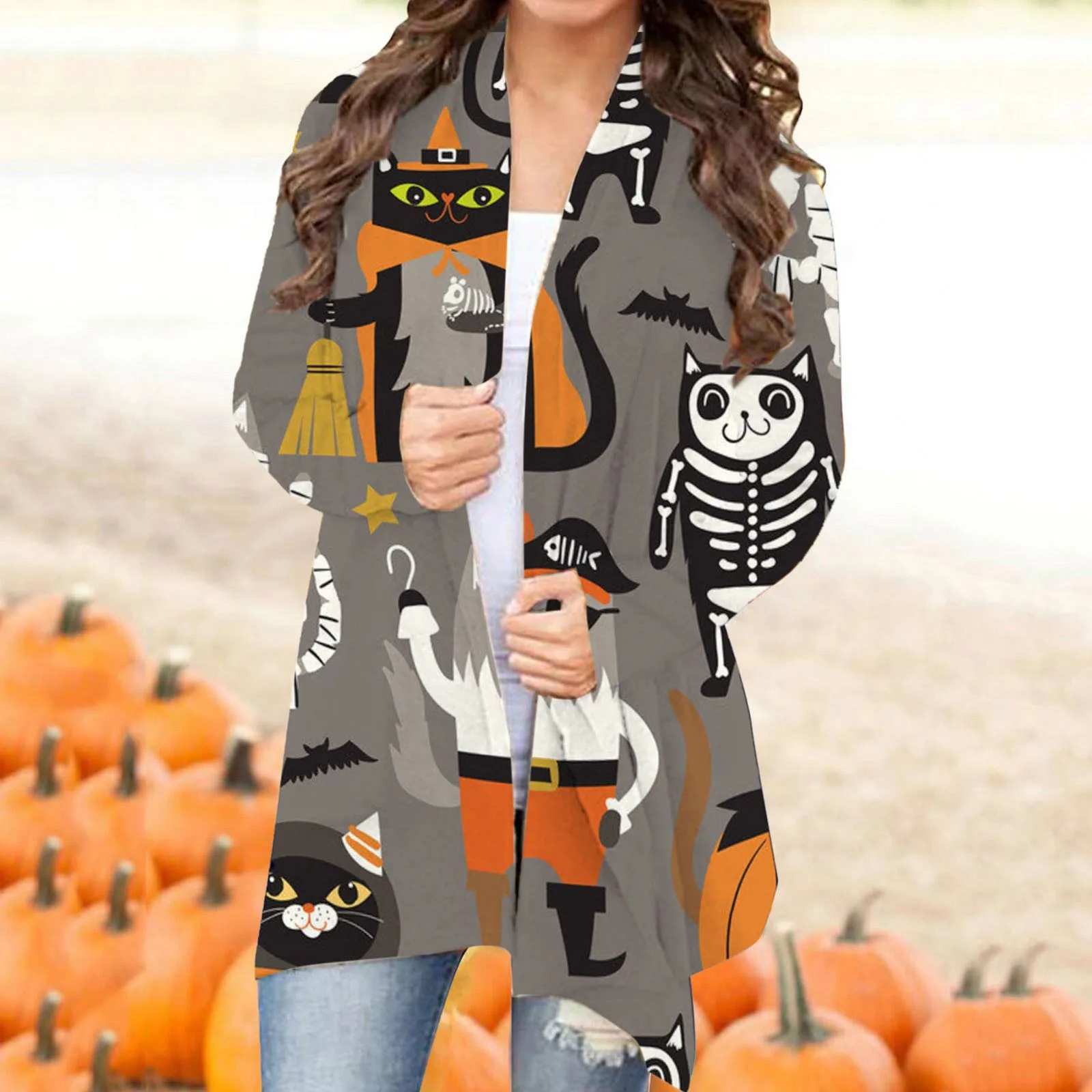 

Animal Print Kimono Women's Halloween Cardigan Pumpkin Cat Print Long Animal Print Kimono Chunky Oversized Sweaters for Women