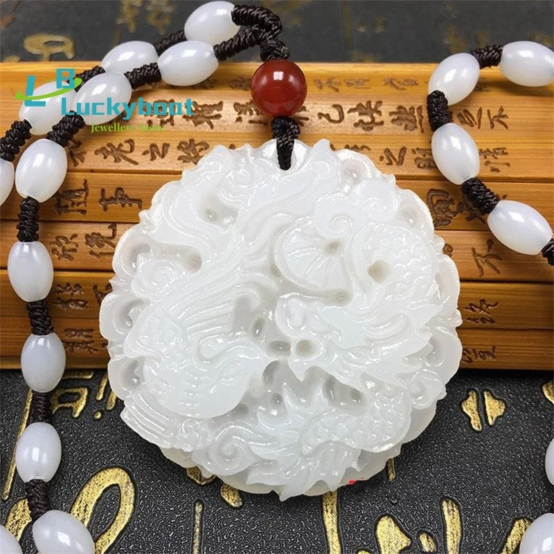 

natural Afghan white jade dragon and phoenix pendant necklace Men and women auspicious good luck jade brand