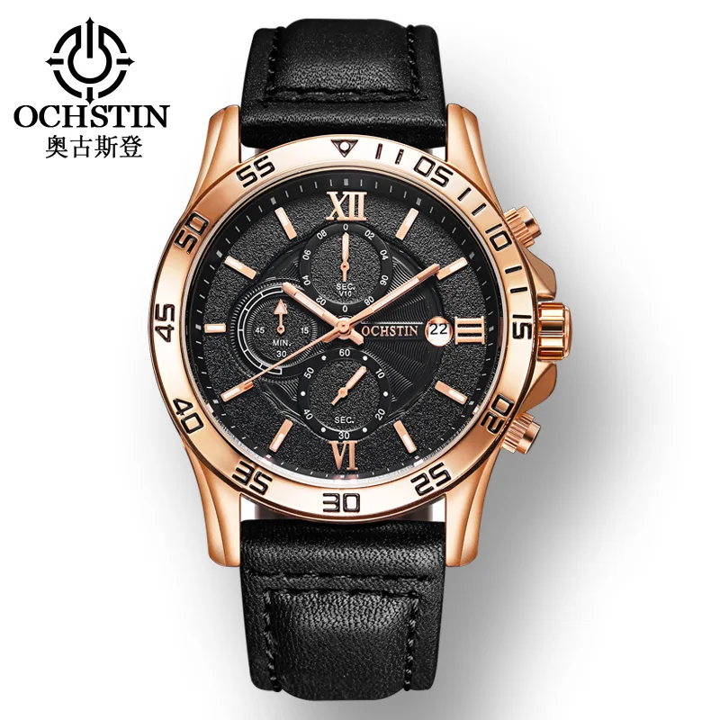 

OCHSTIN GQ068A Sport Quartz Men Wristwatches Multifunctional Large Dial Waterproof Genuine Leather Strap Watch for Men Luminous