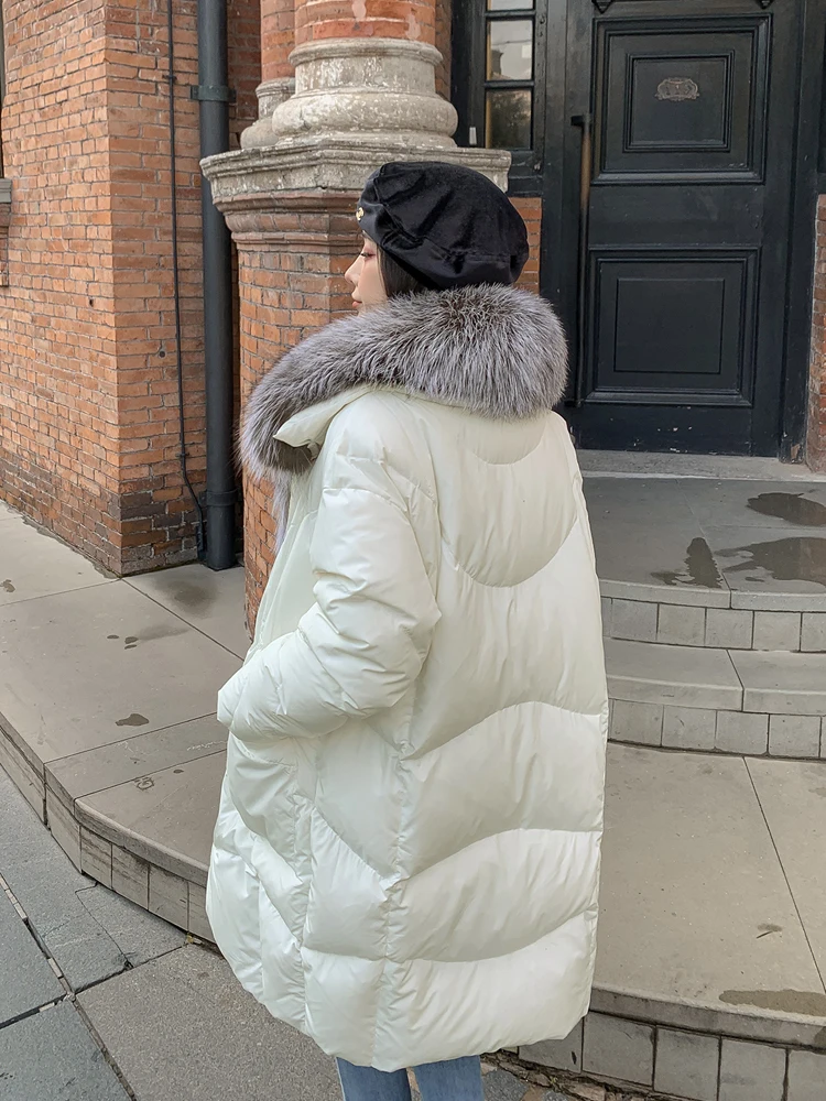 Long Winter White Down Jacket Women 2023 Solid Casual Women's Down Coat With Fur Collar Trim Thick Warm Overcoat Female