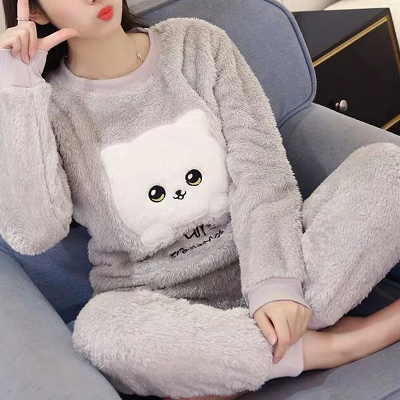 

New 2023 Autumn Winter Warm Flannel Women Pyjamas Sets Thick Coral Velvet Long Sleeve Cartoon Sleepwear Flannel Pajamas Set