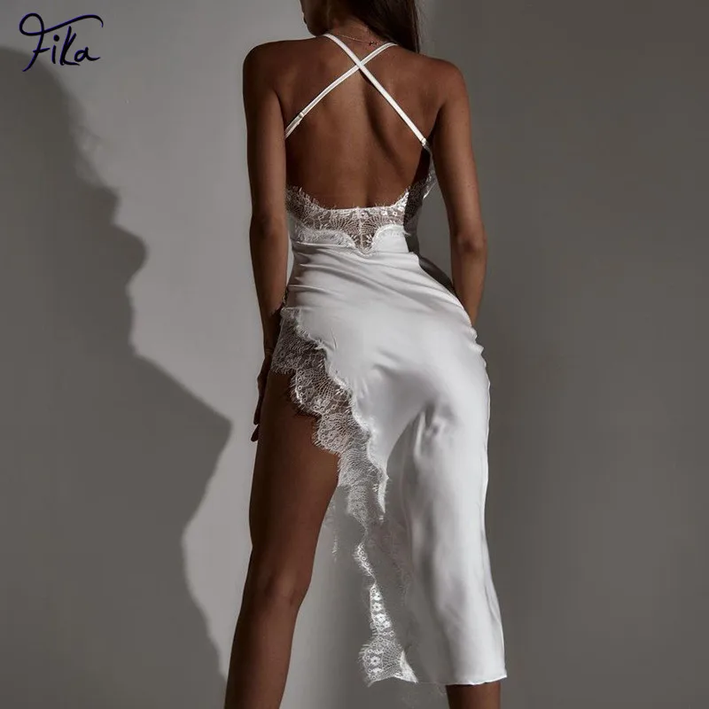 

Sexy Spaghetti Straps Dress Womens Satin Backless Lace Slit Bodycon Midi Dress Party Long Dresses for Women 2022 White Black