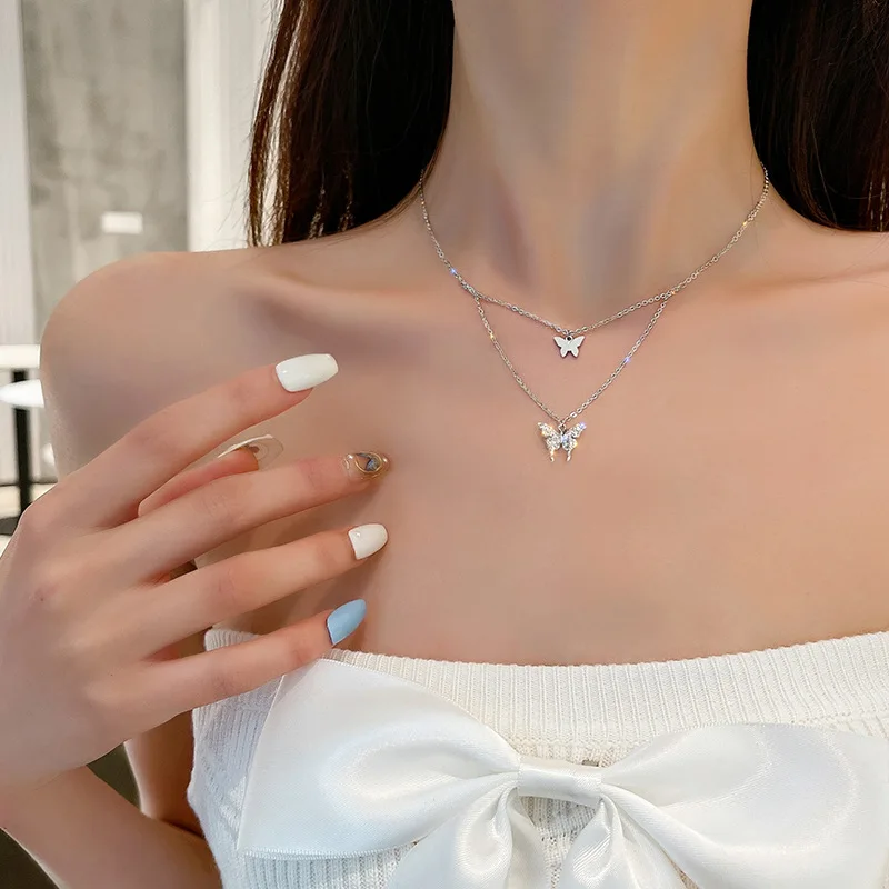 

Women Flash Diamond Butterfly Double Layer Necklace Clavicle Pendant Chain Jewlery Butterfly Necklace for Women