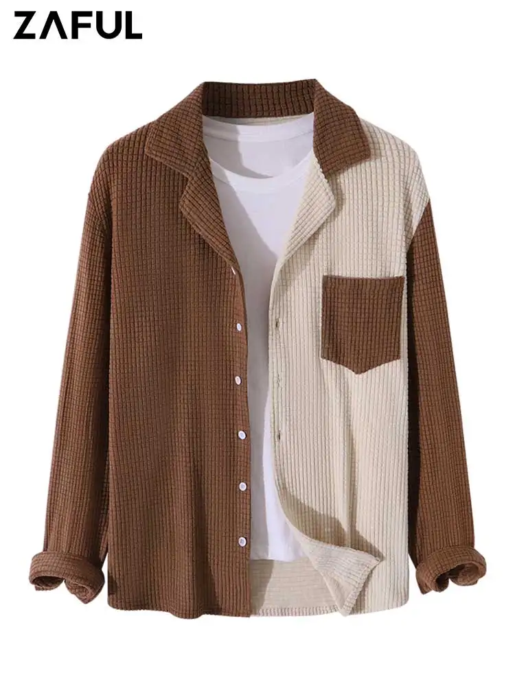 

ZAFUL Colorblock Polar Fleece Men's Shirts Two Tone Turn-down Collar Long Sleeves Streetwear Shirt with Front Pocket Z5107758